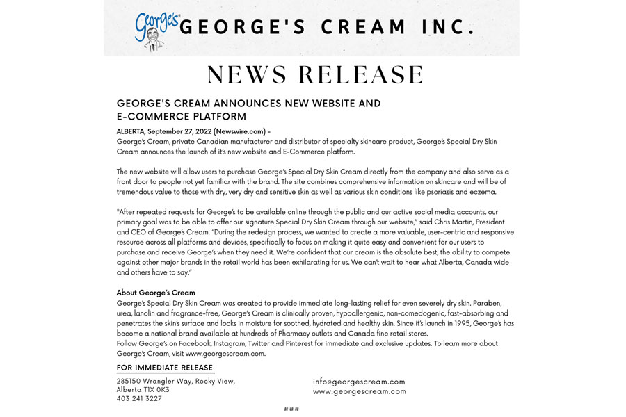 George’s Cream Announces New Website and E-Commerce Platform